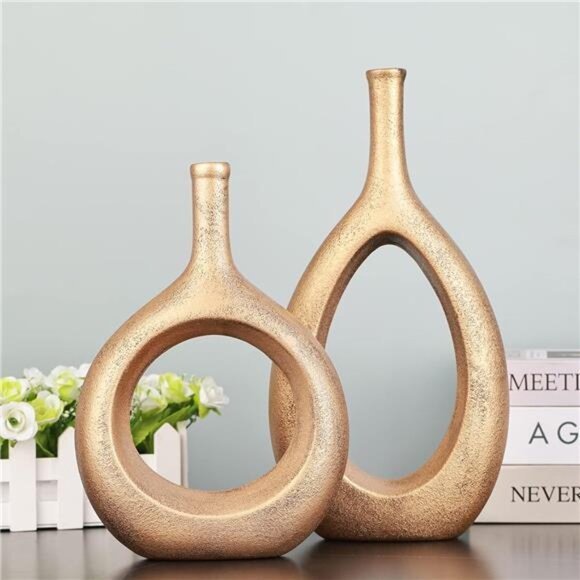 NEW Gold Ceramic Hollow Elliptical Vase Set of 2 - Boho Circle Vase with Hole, - Picture 5 of 7